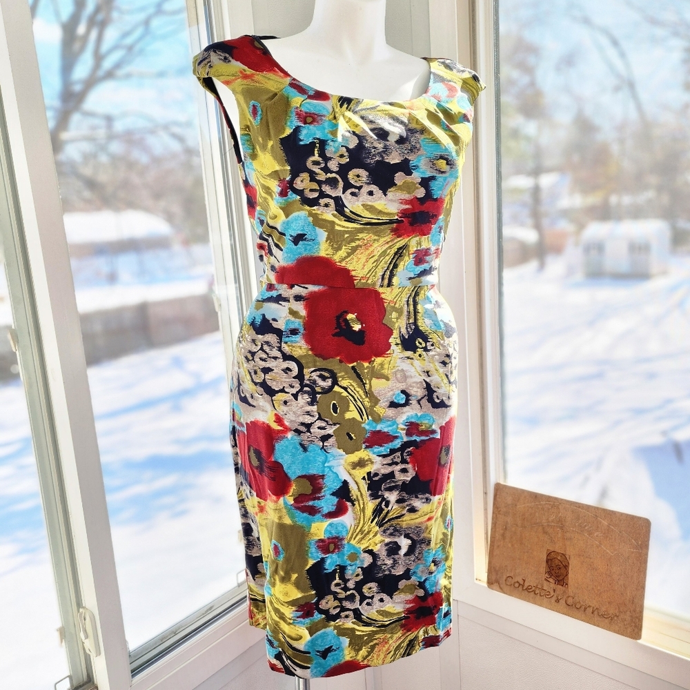 Clari.e.  Colorful Floral Cap Sleeve Midi Sheath Dress